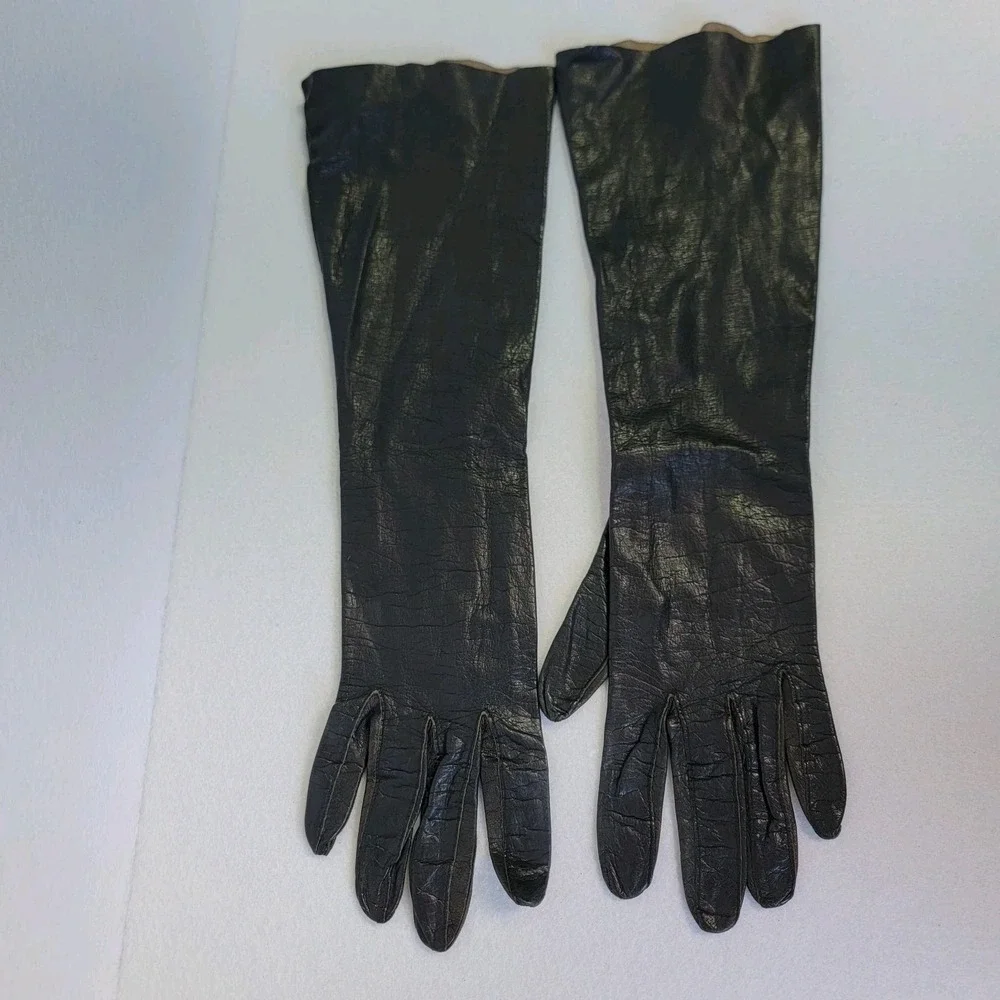 Vtg Ladies Long Opera Kislav Kid Leather Black Gloves Sz 6 1/2